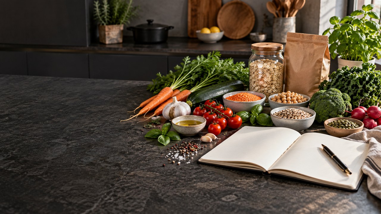 Editorial workspace with fresh ingredients, grains and a notebook in a modern kitchen