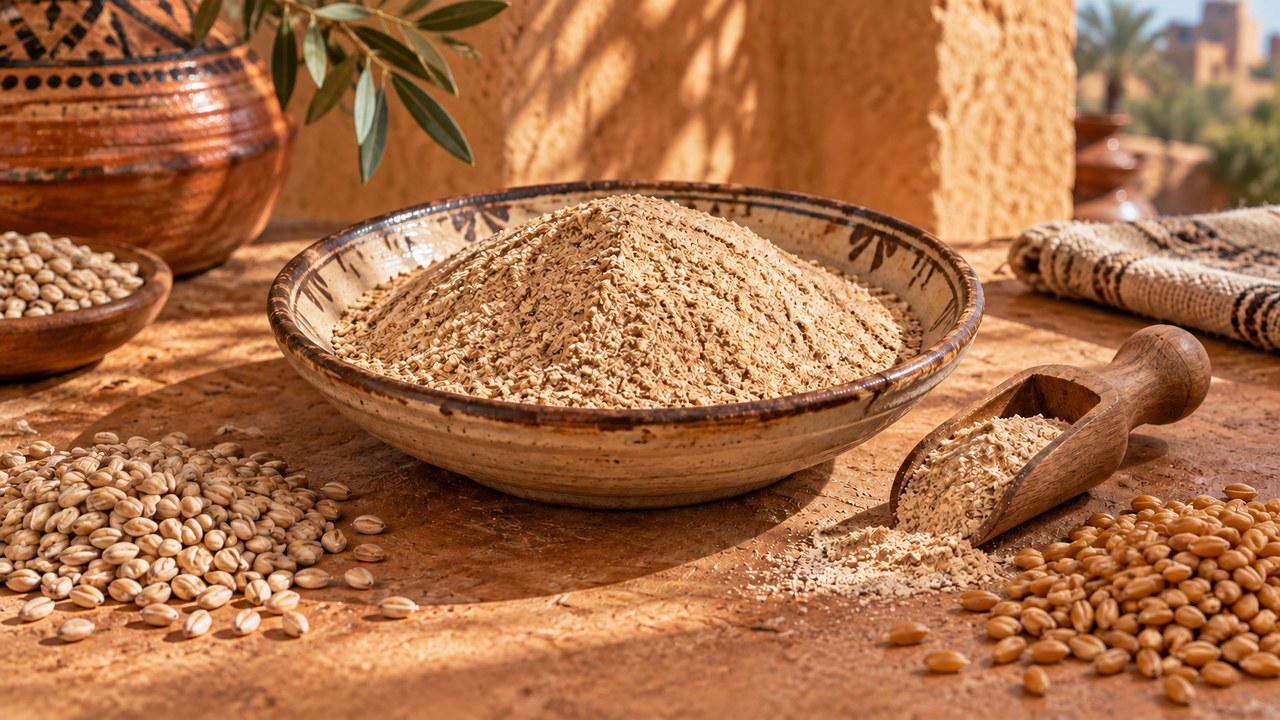 Illustrative image of a bowl of roasted cereal flour, a wooden scoop, barley and durum wheat on a warm Moroccan worktop.
