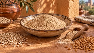 Illustrative image of a bowl of roasted cereal flour, a wooden scoop, barley and durum wheat on a warm Moroccan worktop.