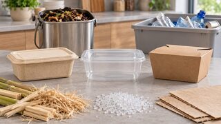 Symbolbild: Neutrale Lebensmittelverpackungen aus unterschiedlichen Materialien neben Kompostbehälter und Recyclingbox.