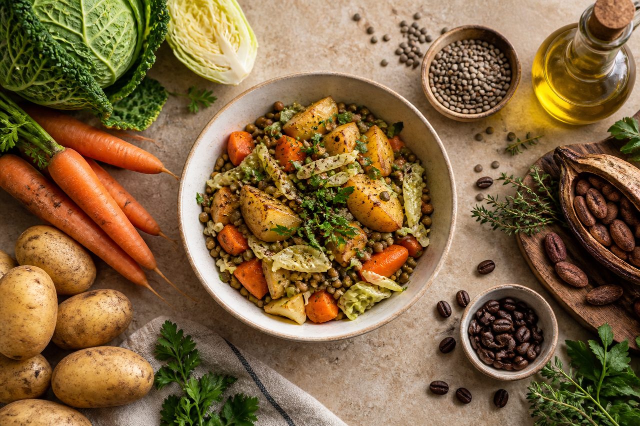Seasonal lentil, potato, carrot and cabbage dish beside coffee, cocoa and cooking oil, representing different raw-material origins.