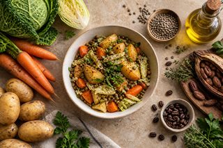 Seasonal lentil, potato, carrot and cabbage dish beside coffee, cocoa and cooking oil, representing different raw-material origins.