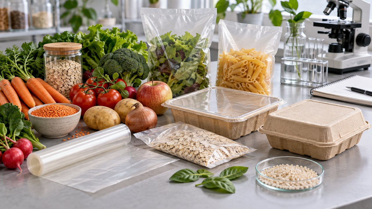 Illustrative image of fresh foods, neutral films and fibre packaging on a bright laboratory worktop without branding.