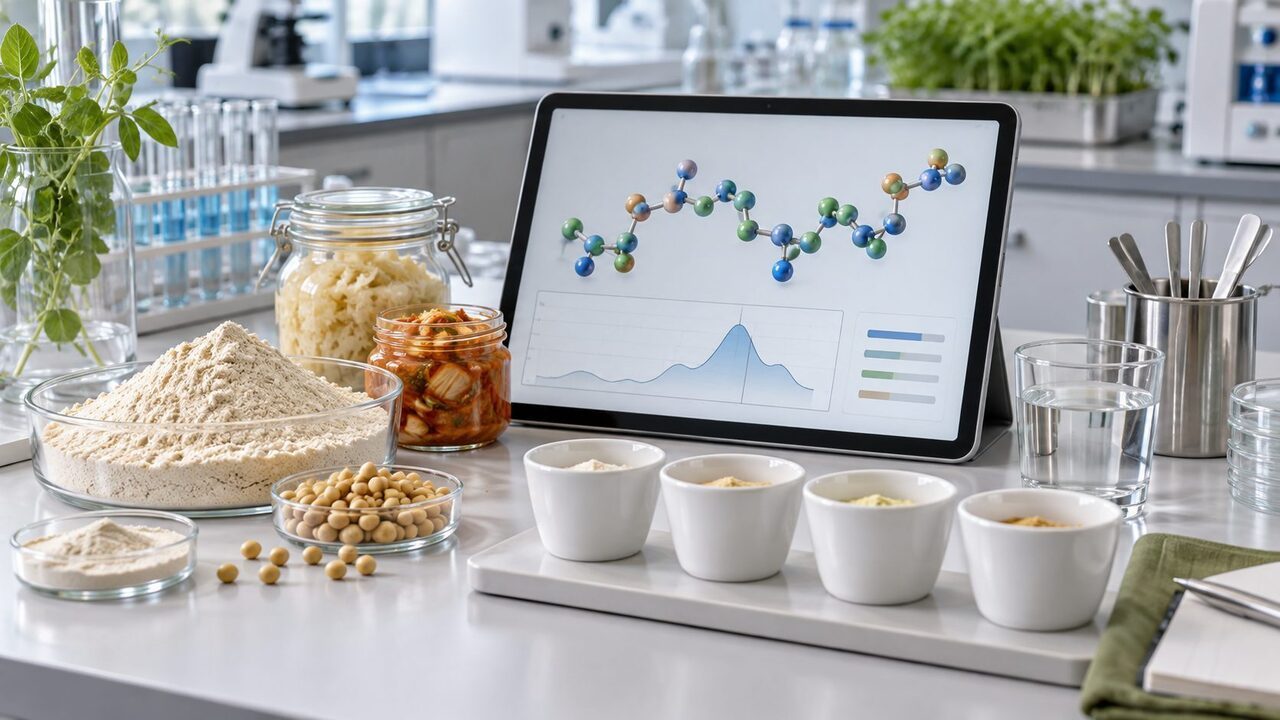 Symbolbild: Neutrale Protein- und Fermentationsproben vor einer abstrakten Peptidgrafik und einer Reihe weißer Sensorikbecher im Lebensmittellabor.