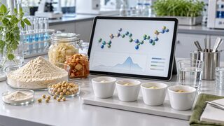 Symbolbild: Neutrale Protein- und Fermentationsproben vor einer abstrakten Peptidgrafik und einer Reihe weißer Sensorikbecher im Lebensmittellabor.