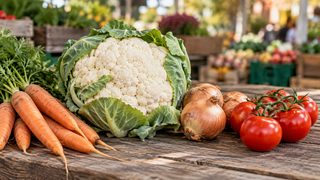 Illustrative image of cauliflower, carrots, onions and tomatoes at a market stall, representing seasonal price differences.