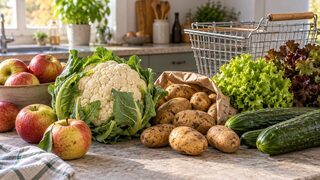 Symbolbild: Blumenkohl, Äpfel, Kartoffeln, Gurken und Salate liegen in einer hellen Küche neben einem Einkaufskorb.