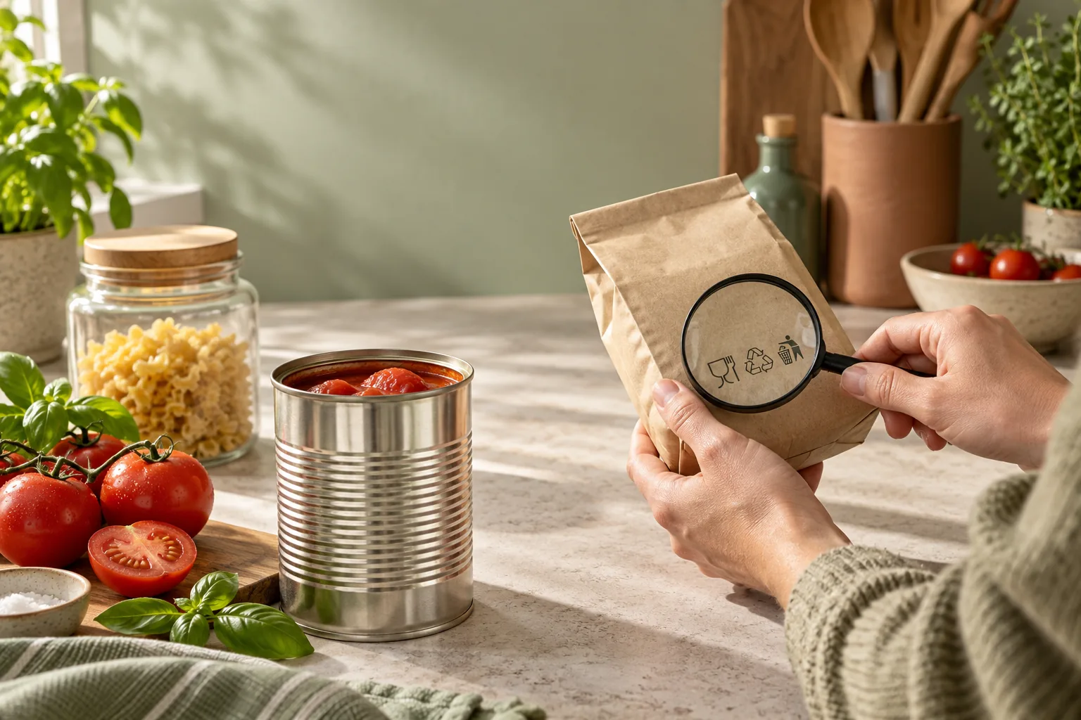 An open tomato can, glass and paper packaging on a kitchen counter while packaging symbols are examined with a magnifying glass.