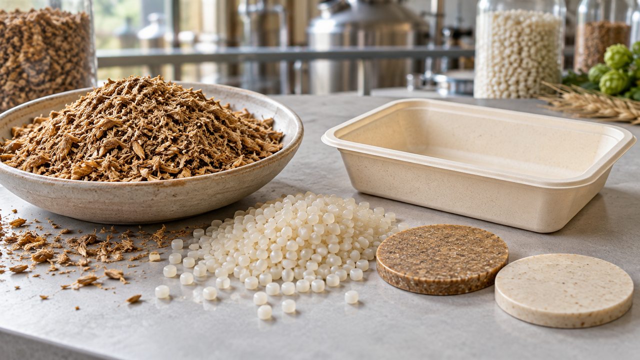 Symbolbild: getrockneter Brauereitreber, helle Biokunststoff-Granulate und eine schlichte unbedruckte Verpackungsschale auf einem Labortisch