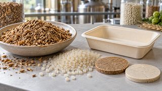 Symbolbild: getrockneter Brauereitreber, helle Biokunststoff-Granulate und eine schlichte unbedruckte Verpackungsschale auf einem Labortisch