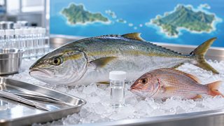 Symbolbild: Tropischer Speisefisch auf Eis neben einer stilisierten Inselkarte und neutraler Laborprobe