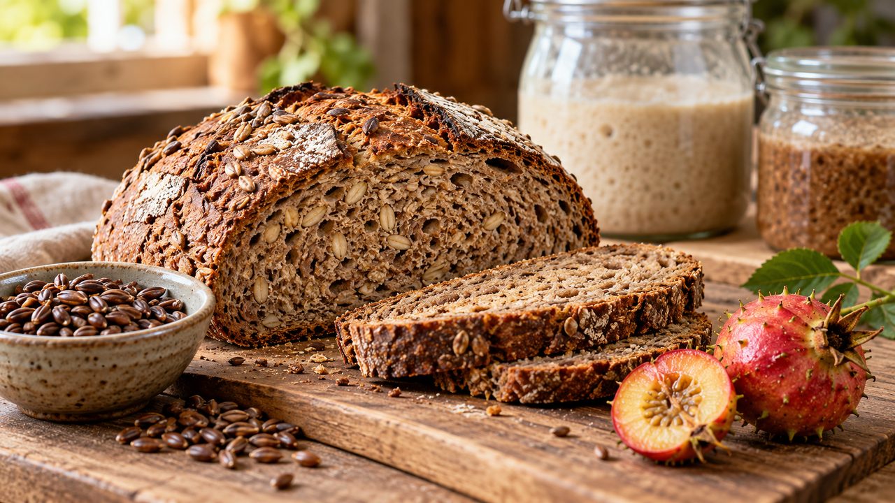 Symbolbild: Aufgeschnittenes dunkles Vollkornbrot mit Schwarzweizen, Cili-Früchten und neutralen Fermentationsgläsern