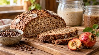 Symbolbild: Aufgeschnittenes dunkles Vollkornbrot mit Schwarzweizen, Cili-Früchten und neutralen Fermentationsgläsern