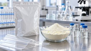 Symbolbild: neutraler Kunststoffbeutel, Schale mit Milchpulver und verschlossene Probengefäße auf einem sauberen Prüftisch