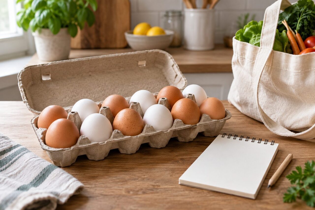 Symbolbild: Offener Eierkarton mit braunen und weißen Eiern, leerem Einkaufszettel und Marktbeutel auf einem Küchentisch.