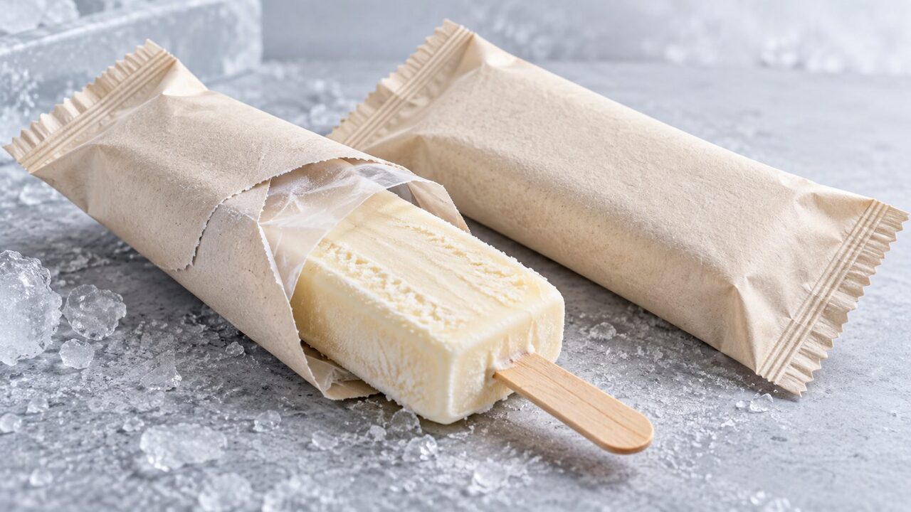 Symbolbild: Neutrales Eis am Stiel in einer geöffneten papierbasierten Mehrschichtverpackung auf einer kühlen Fläche