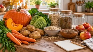 Symbolbild: saisonales Herbstgemüse, Äpfel, Hafer und Linsen mit Vorratsgläsern und leerer Einkaufsliste in einer hellen Küche