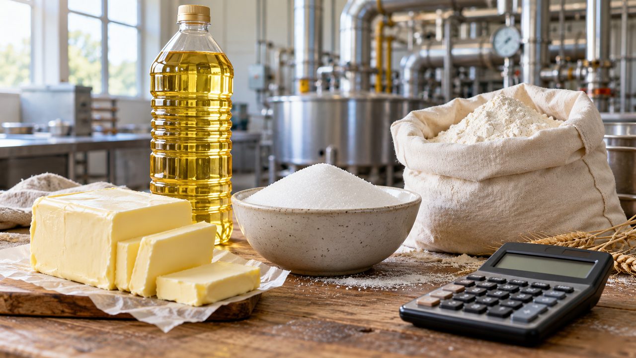 Symbolbild: Butter, Pflanzenöl, Zucker und Mehl vor einer neutralen Produktionsanlage