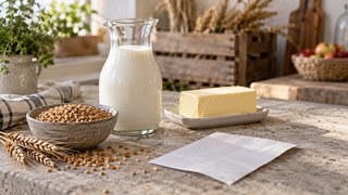 Illustrative image of milk, grain, a shopping basket and farm input symbols representing opposing price trends.