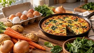 Symbolbild: Eierkarton, Herbstgemüse und eine frisch gebackene Frittata auf einem neutralen Küchentisch