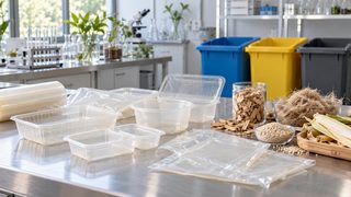 Symbolbild: unbedruckte biobasierte Kunststoffverpackungen neben Pflanzenresten und sortierten Recyclingbehältern