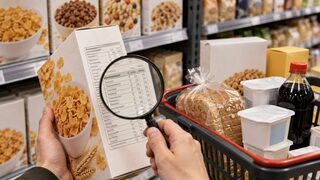 Symbolbild: neutrale Müslis, Brot und Milchprodukte mit Nährwerttabellen und einer Lupe im Supermarkt