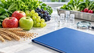 Symbolbild: Frisches Obst und Gemüse neben neutraler Akte und Laborgefäßen zur Kontrolle von Pestizidrückständen.