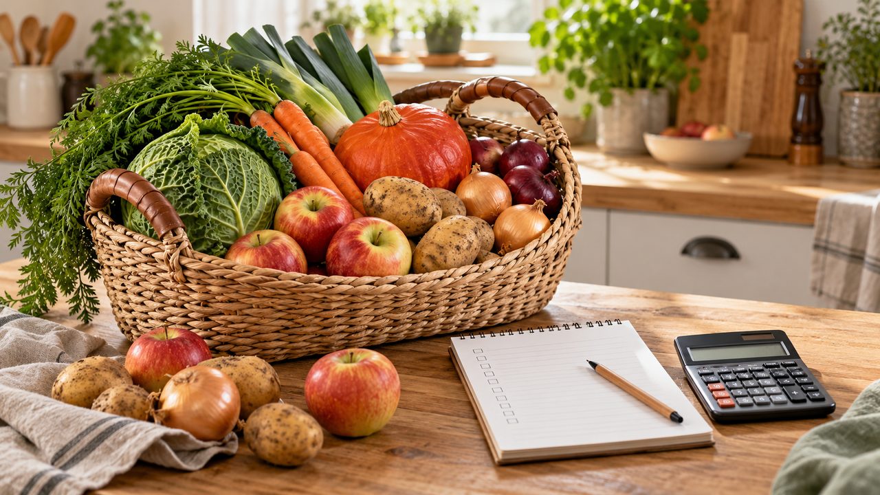 Symbolbild: Korb mit saisonalem Herbstgemüse, Äpfeln und Kartoffeln neben Einkaufszettel und Taschenrechner