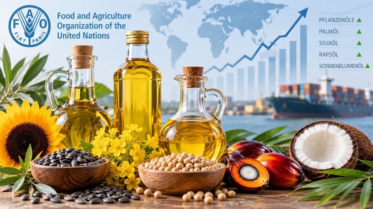 Cooking-oil bottles, oilseeds and schematic market charts illustrating price developments; not an official FAO graphic.
