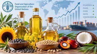Cooking-oil bottles, oilseeds and schematic market charts illustrating price developments; not an official FAO graphic.