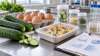 Symbolbild: Gurken, Eier und ein Fertiggericht neben neutralen Laborproben und Prüfdokumenten