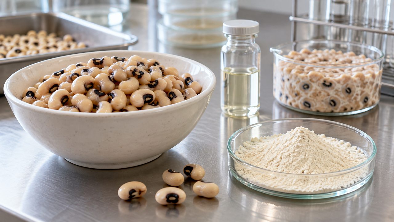 Symbolbild: gekochte Augenbohnen, eine neutrale Fermentationsschale und helles isoliertes Pulver auf einer klaren Laborarbeitsfläche