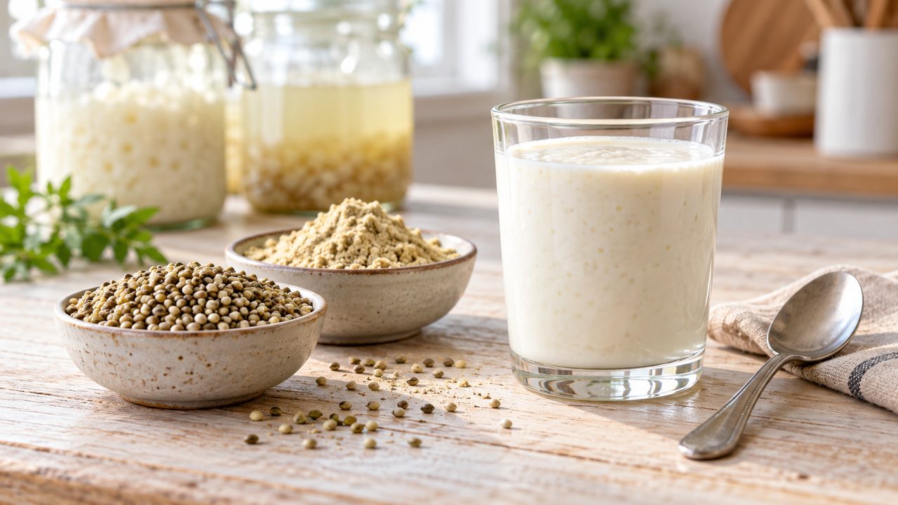 Symbolbild: Hanfsamen, eine kleine Schale mit fermentiertem Hanfsamenpulver und ein neutrales cremiges Sauermilchgetränk auf hellem Küchentisch