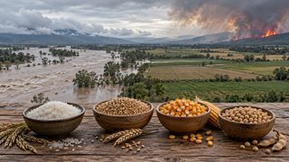 Illustrative image of grain and bowls of rice before a divided landscape with flooding and a distant wildfire.