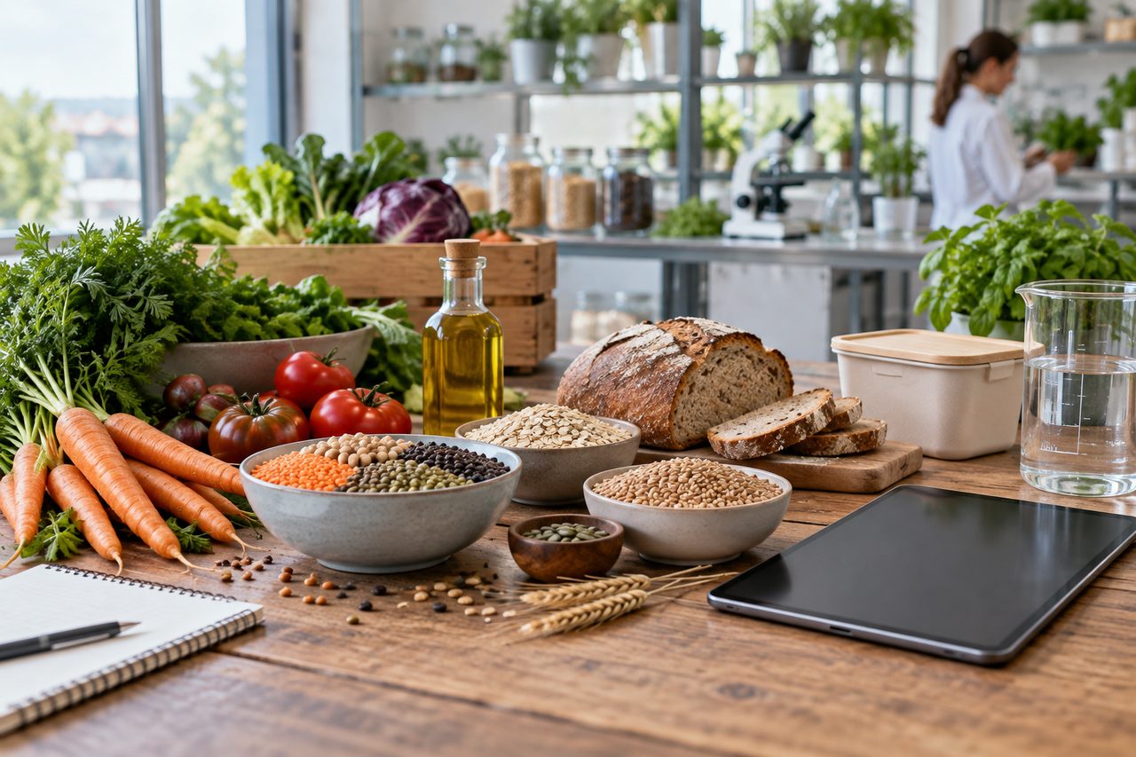 Pulses, grains, vegetables, bread and a reusable box on a table in a food-research setting.