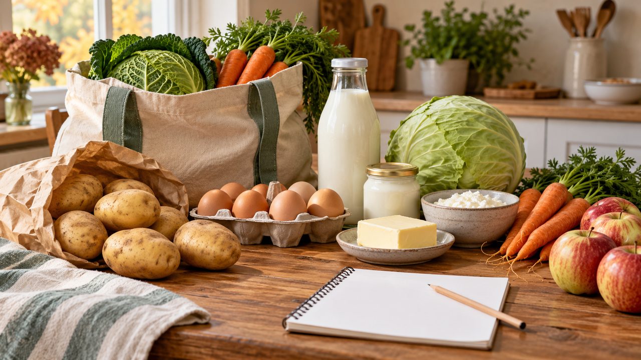 Symbolbild: Kartoffeln, Eier, Milchprodukte, Kohl, Möhren und Äpfel neben einer leeren Einkaufsliste