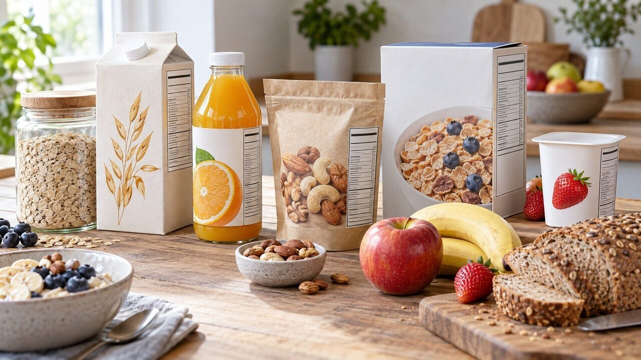 Symbolbild: Neutrale Lebensmittelpackungen mit schematischen Nährwertfeldern neben Hafer, Obst und Brot.