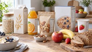 Symbolbild: Neutrale Lebensmittelpackungen mit schematischen Nährwertfeldern neben Hafer, Obst und Brot.