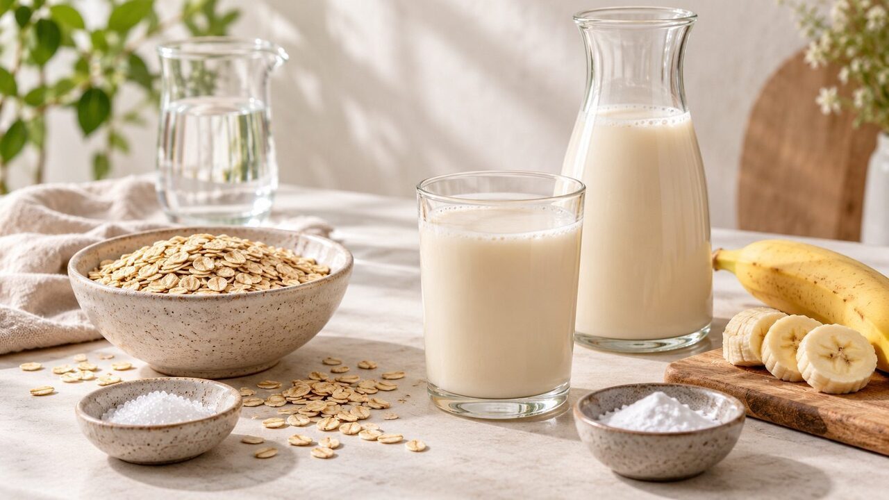 A pale plant-based drink in a glass and carafe beside oats and other ingredients; not the branded product discussed.