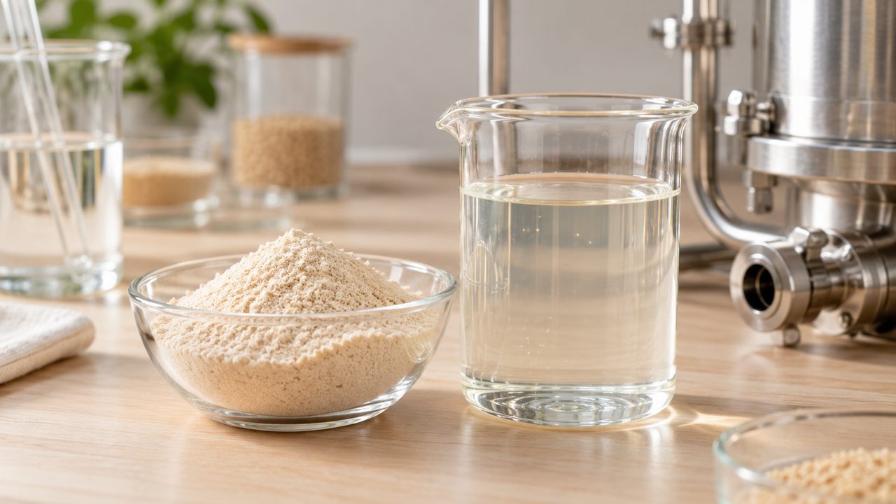 Symbolbild: helles Hefeproteinpulver, eine klare Proteinlösung und neutrale Laborgeräte auf einer Arbeitsfläche