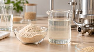 Symbolbild: helles Hefeproteinpulver, eine klare Proteinlösung und neutrale Laborgeräte auf einer Arbeitsfläche