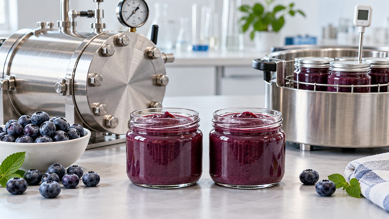 Symbolbild: Heidelbeerpüree in neutralen Gläschen neben Beeren und einer schlichten Hochdruckkammer auf heller Laborfläche