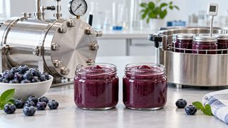 Symbolbild: Heidelbeerpüree in neutralen Gläschen neben Beeren und einer schlichten Hochdruckkammer auf heller Laborfläche