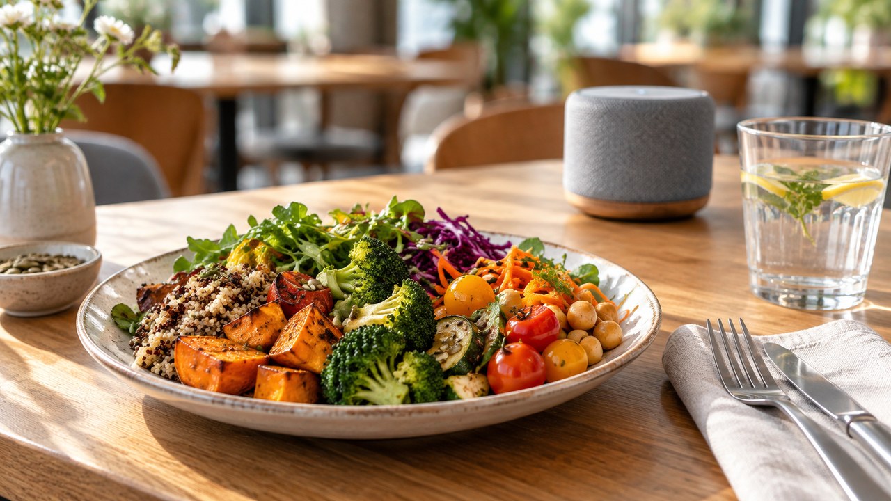 Illustrative image of a vegetable dish on a cafeteria table with an unbranded speaker in the background.