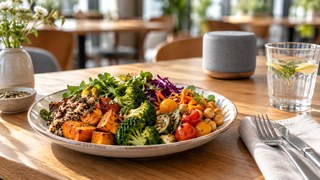 Illustrative image of a vegetable dish on a cafeteria table with an unbranded speaker in the background.