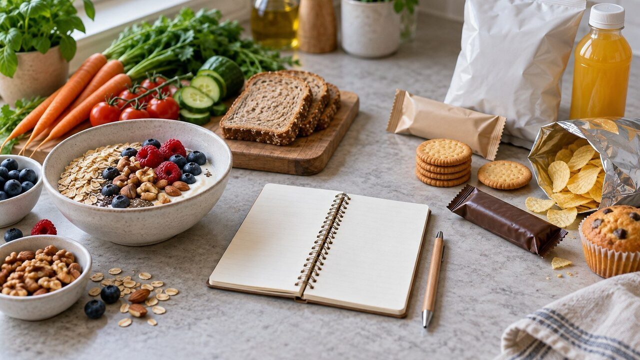 Symbolbild: Hafer, Beeren, Nüsse, Gemüse und Vollkornbrot stehen neutral verpackten Snacks und einem offenen Notizbuch gegenüber.