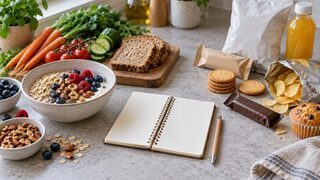 Symbolbild: Hafer, Beeren, Nüsse, Gemüse und Vollkornbrot stehen neutral verpackten Snacks und einem offenen Notizbuch gegenüber.