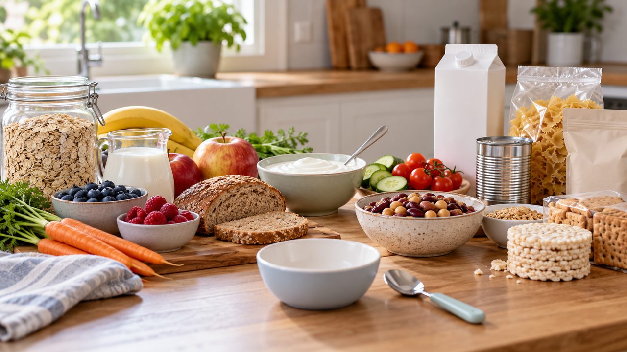 Symbolbild: Hafer, Obst, Joghurt, Brot, Bohnen und neutrale verpackte Lebensmittel neben einer leeren Kinderschale in einer hellen Küche