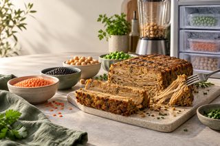 A sliced block made from pulses with visible fibrous layers, surrounded by red and black lentils, peas and chickpeas.