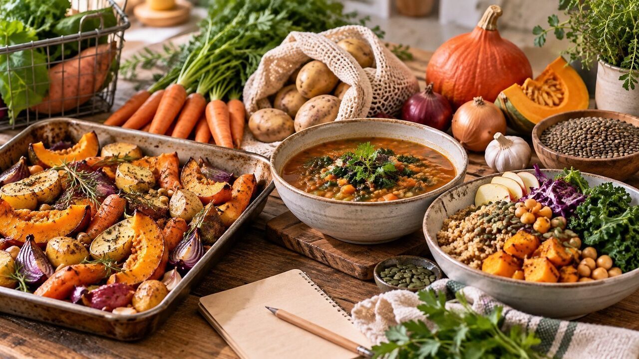 Roasted vegetables, soup and a bowl with pumpkin, potatoes, carrots and pulses for a seasonal meal plan.